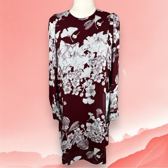 NWT BCBG Max Azria Ashton Port Burgundy Floral Long Sleeve Two Layer Dress XXS - Picture 2 of 11